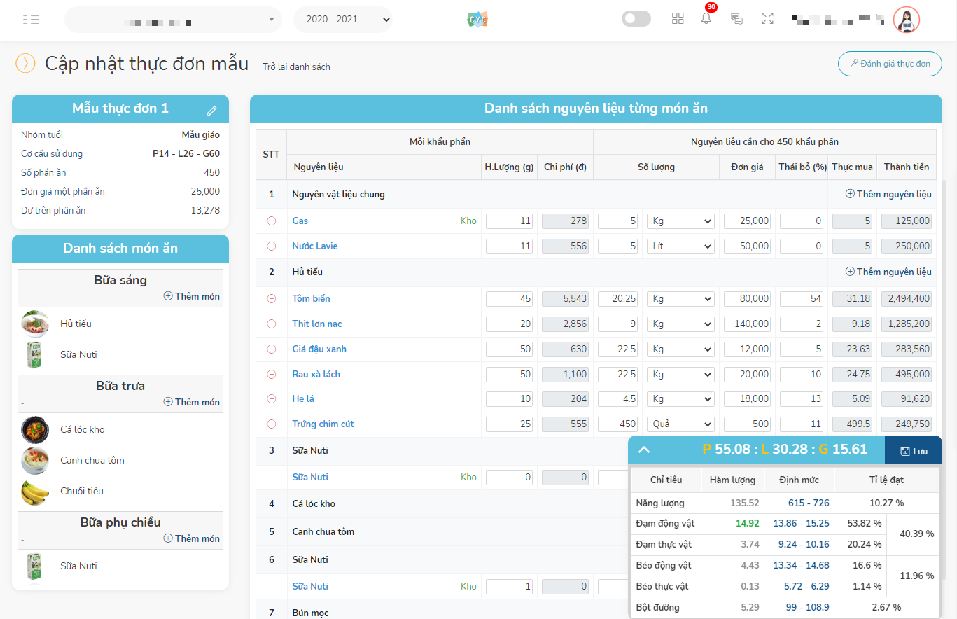 Xây dựng thực đơn